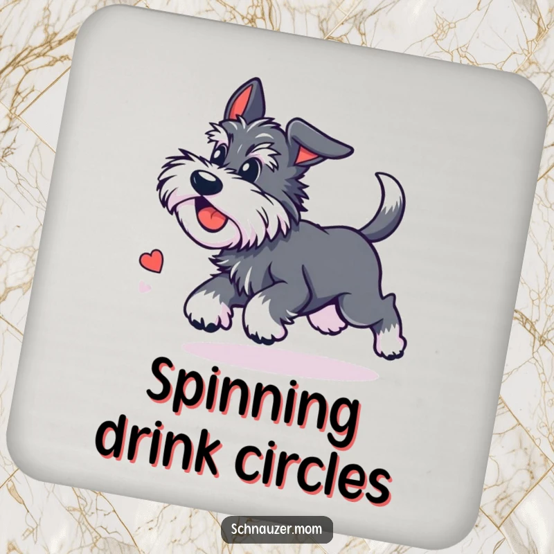 Funny Kawaii Schnauzer coasters featuring a cute dog chasing its tail with dizzying delight, protecting surfaces with a humorous energetic theme.
