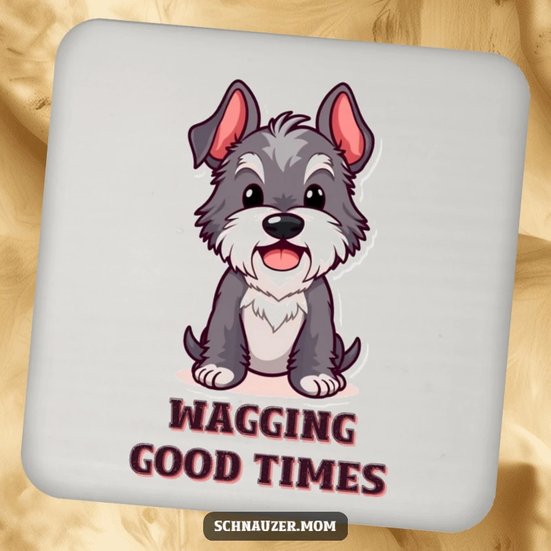 Funny Kawaii Schnauzer coaster with a dog in a comical pose and cheerful wag, perfect for adding humor to any table.