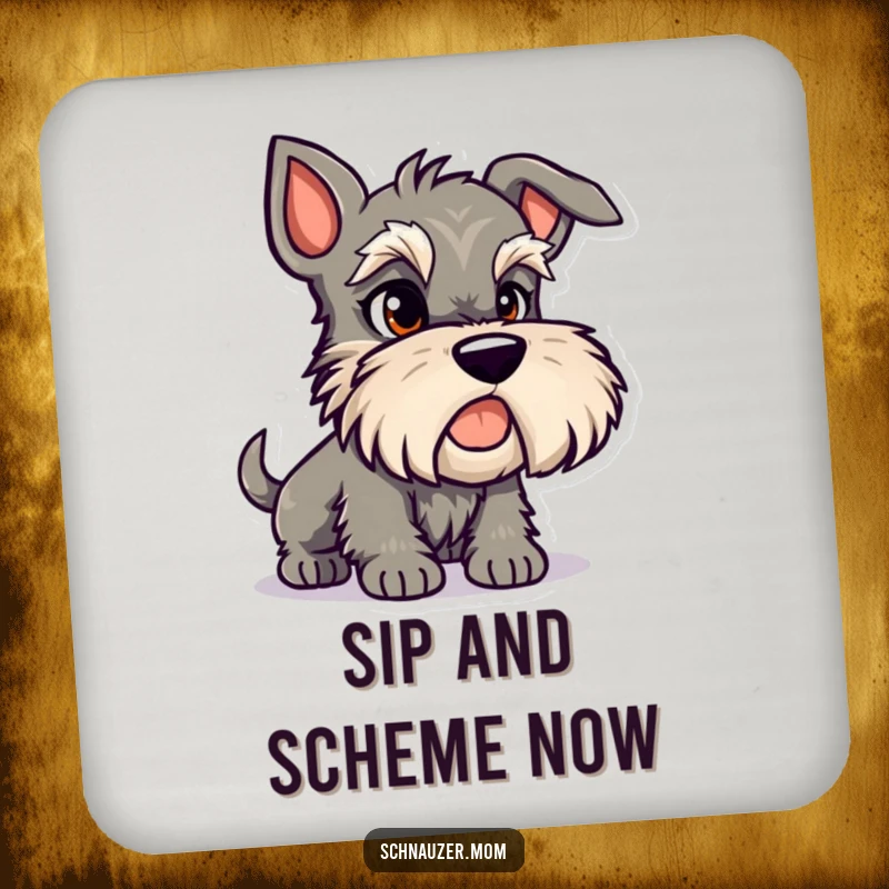 Funny Schnauzer coaster featuring a mischievous dog character with a sly expression, protecting surfaces with playful charm.