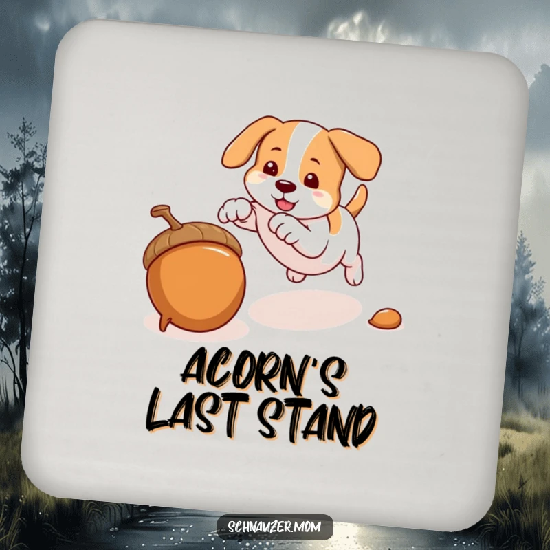 Funny drink coaster with a dog pouncing on an acorn, protecting tables with a humorous and energetic design.