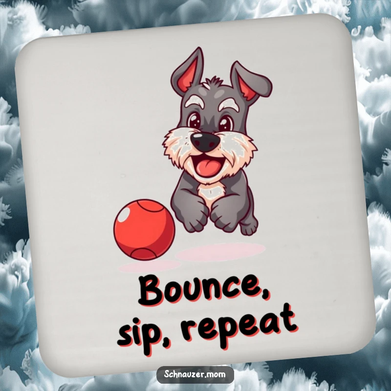 Funny Schnauzer coaster featuring a playful dog with a determined grin chasing a bouncing red ball, adding playful humor.