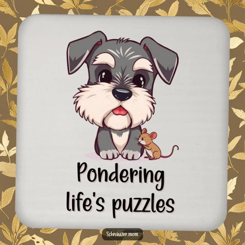 Funny Schnauzer coaster with a design of a dog's bushy eyebrows curiously observing a tiny mouse, protecting furniture.