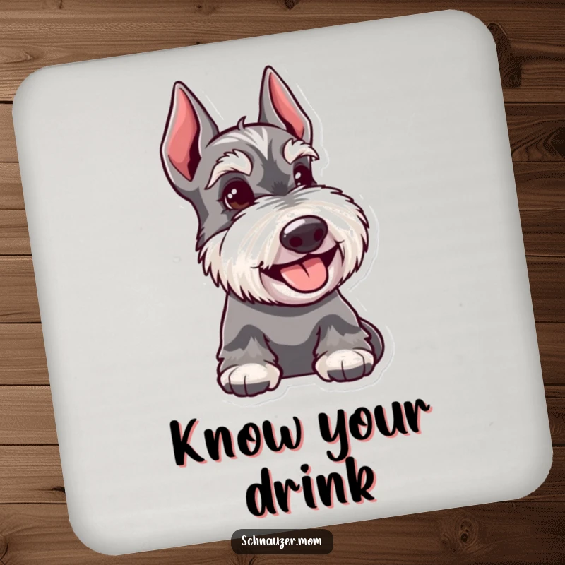 Funny Schnauzer dog coaster art, showing a happy dog with a knowing glance, adding a touch of personality to drink surfaces.