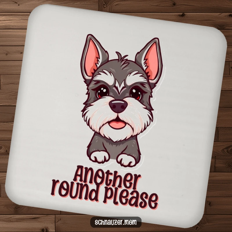 Funny Schnauzer Lady Coaster displaying a dog with a cute, quizzical head tilt. Protects surfaces with humor, a funny gift.