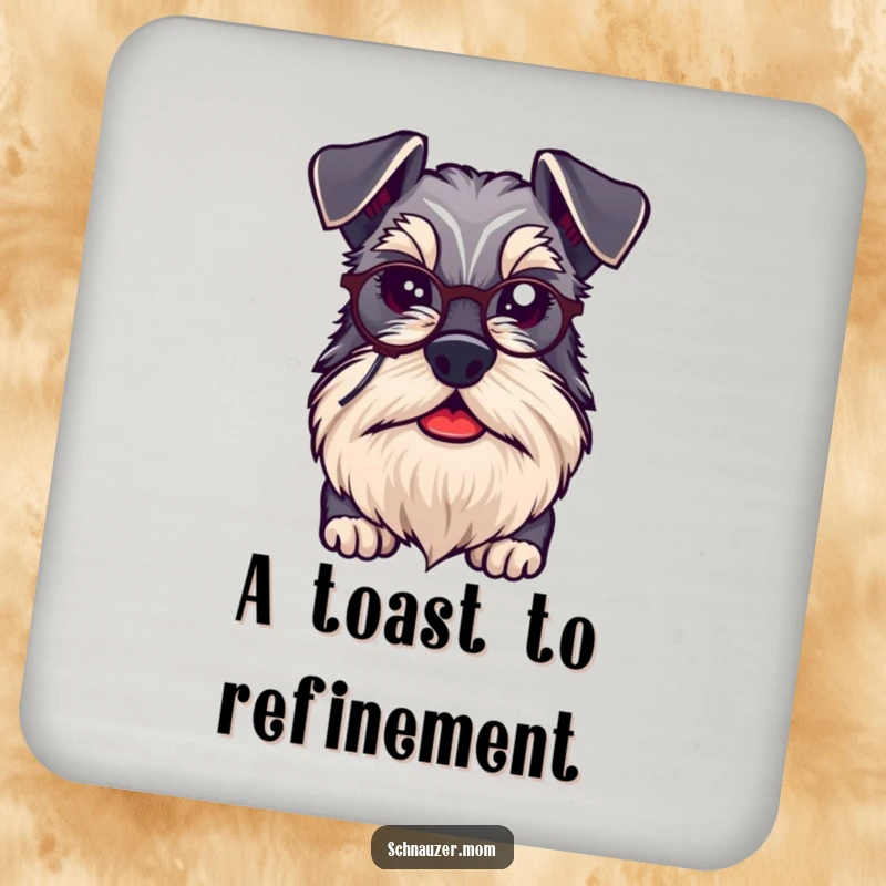 Funny kawaii Schnauzer dog with a distinguished beard and tiny monocle, designed on protective drink coasters.