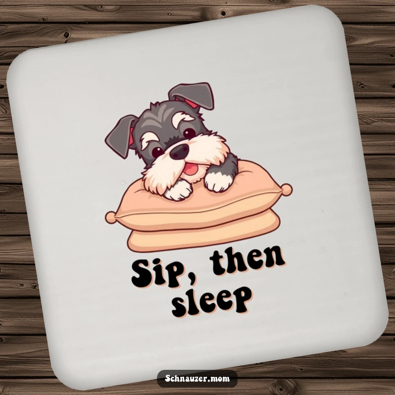 Funny Schnauzer sigh coaster set, protecting tables with a depiction of a relaxed dog on a cushion, perfect for humorous decor.