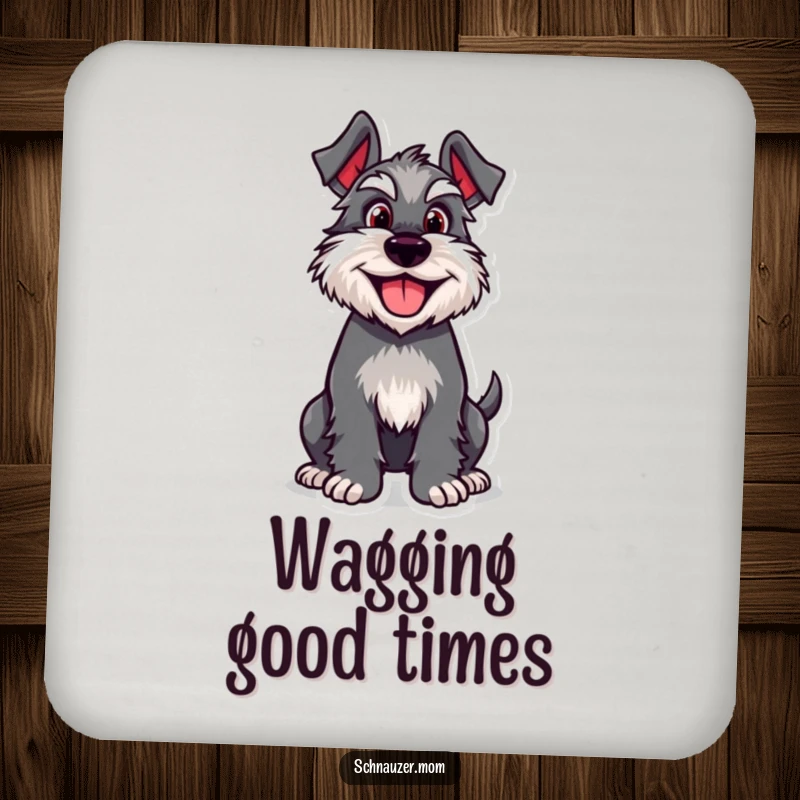 Funny Schnauzer coaster featuring a happy dog character with an enthusiastically wagging tail, protecting surfaces with style.