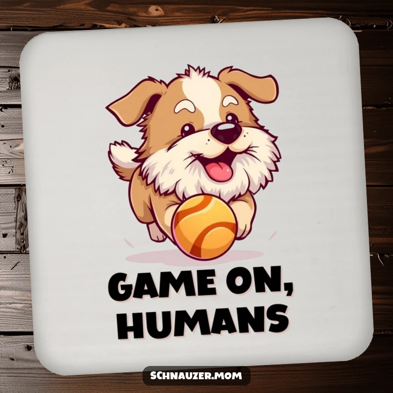 Funny dog with a fluffy beard joyfully chasing a bouncing ball. Protective coaster.