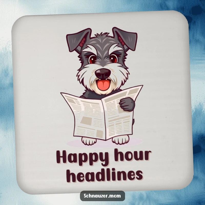 Funny Schnauzer dog happily fetching a small newspaper, placed on a drink coaster to protect a table surface.