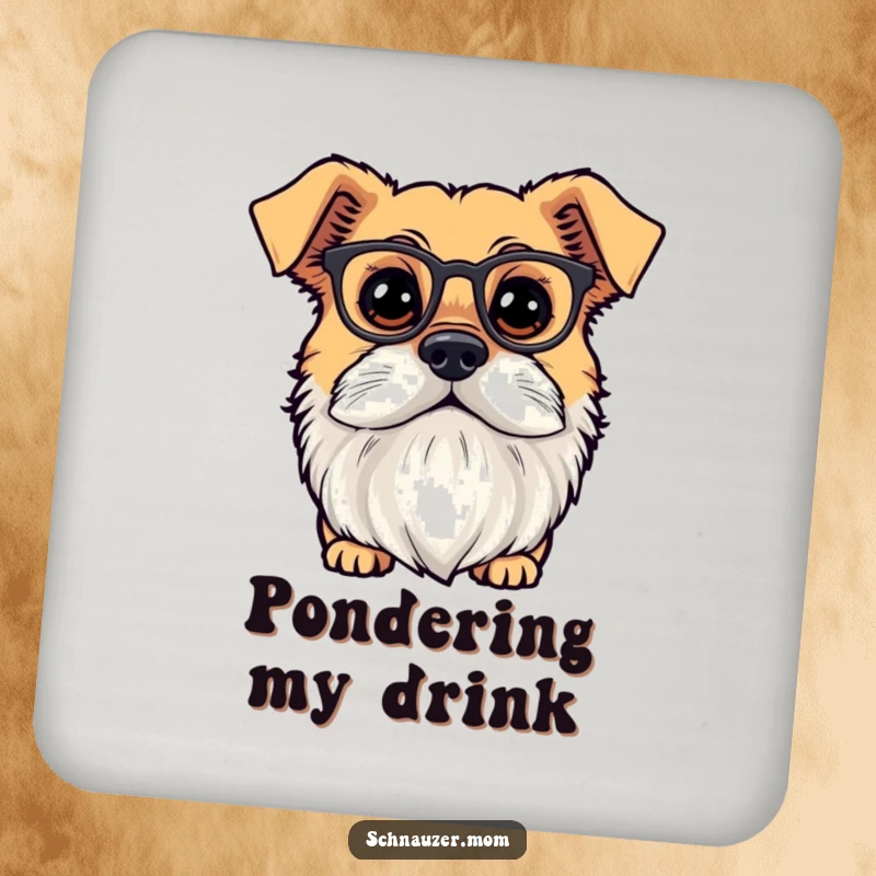 Funny dog with a distinguished beard and tiny spectacles, looking curious. Protective coaster.