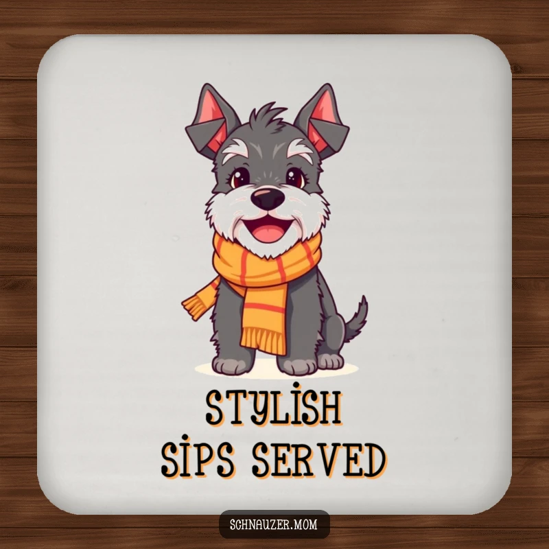 Funny Schnauzer coasters showcasing a delighted dog character wearing a small scarf and smiling cheerfully, protecting surfaces with charm.