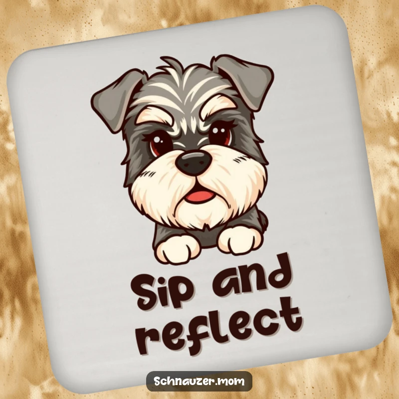 Funny Schnauzer Coasters, featuring a thoughtful Schnauzer with bushy eyebrows, protecting surfaces with humor.