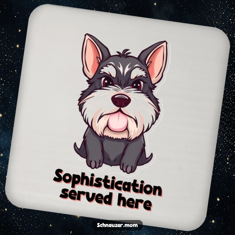 Funny Schnauzer lady coasters featuring a determined dog with a proud mustache, adding a humorous and protective touch to any table setting.