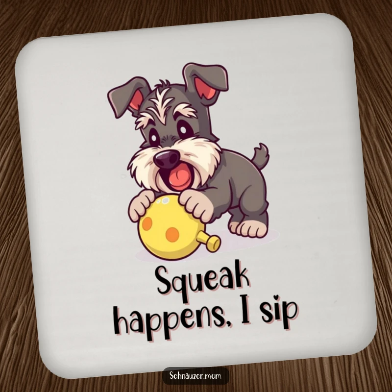 Funny Schnauzer lady coasters depicting a dog playfully pouncing on a squeaky toy, adding a touch of humorous protection to surfaces.