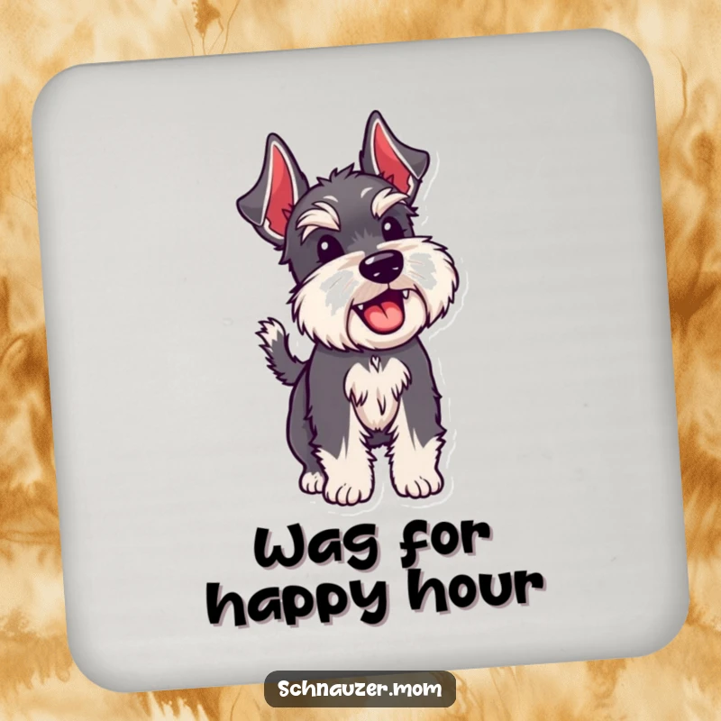 Funny Schnauzer dog wagging its bristly tail, placed on a drink coaster to protect a table surface with joy.