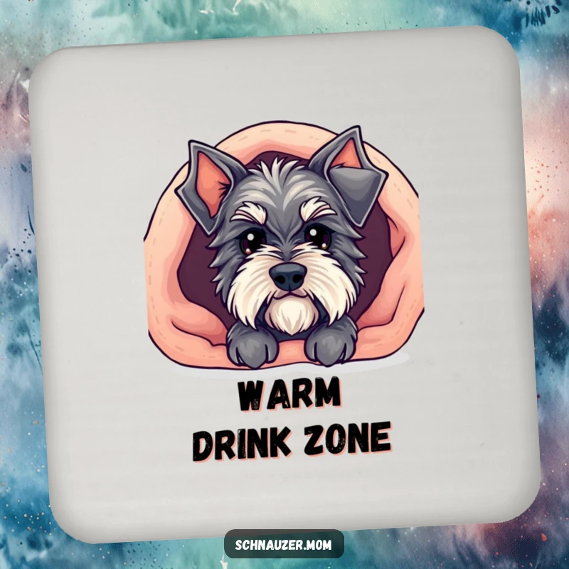 Funny Kawaii Schnauzer coasters featuring a cute dog peeking out from under a cozy blanket, protecting surfaces with a humorous cozy theme.
