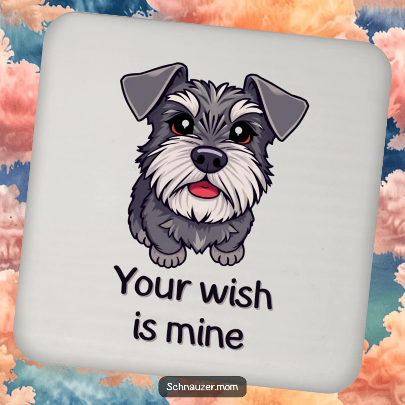 Funny Schnauzer adoring eyes coaster set, protecting tables with a depiction of a loyal dog ready to please, perfect for home decor.