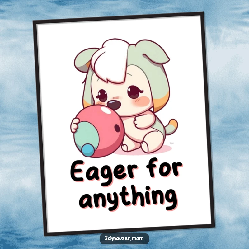 Funny poster art of a character nudging a toy with its nose, capturing a moment of pure eagerness and anticipation, excellent for wall decor.