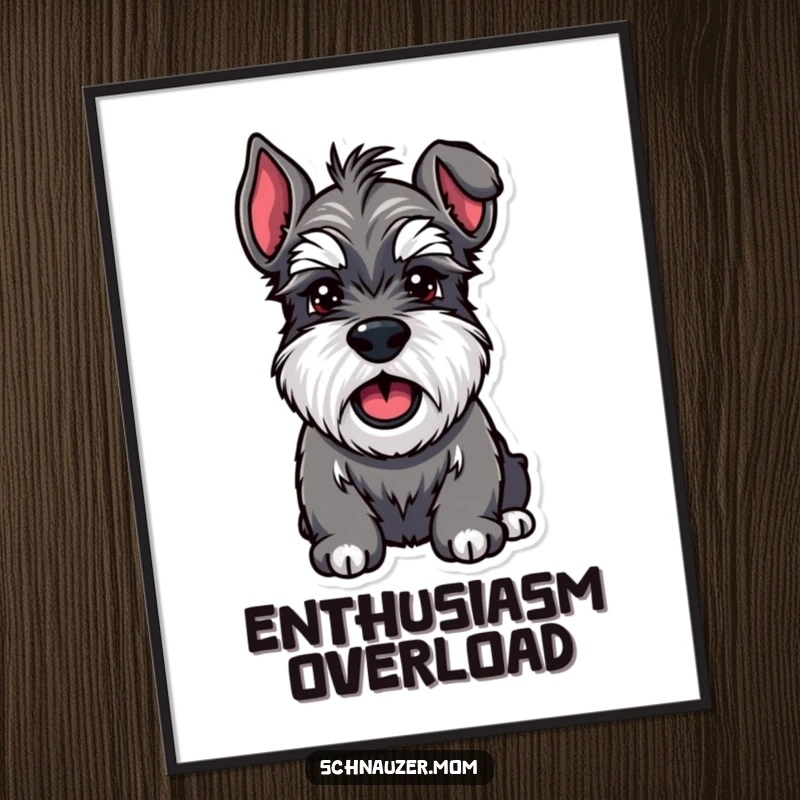 Funny Schnauzer poster of a sturdy dog with expressive bushy eyebrows, captured mid-bark, radiating pure enthusiasm and happiness.