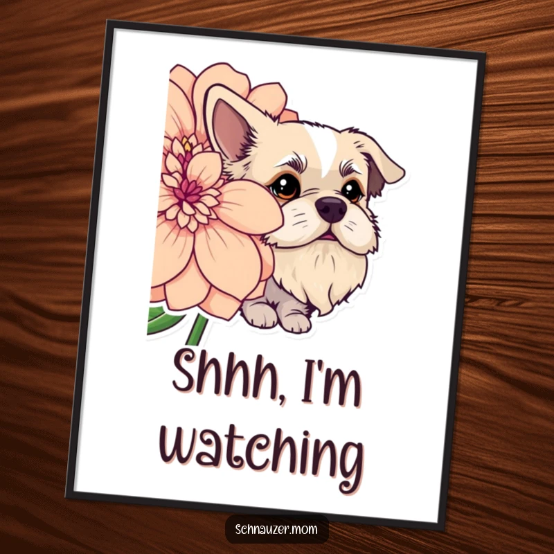 Funny dog with a full beard playfully peeking out from behind a large, artistic flower. Wall poster.