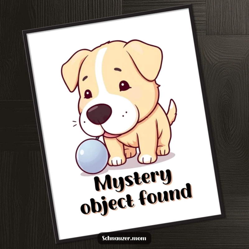 Funny poster of a curious dog nudging a shiny object, highlighting intrigue and exploration for wall decor.