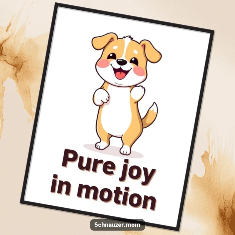 Funny poster of a dog performing a happy dance with wiggling hindquarters, radiating pure joy for your walls.