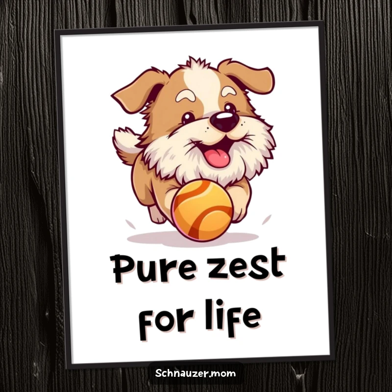 Funny dog with a full fluffy beard in hot pursuit of a bouncing ball. Energetic poster art.