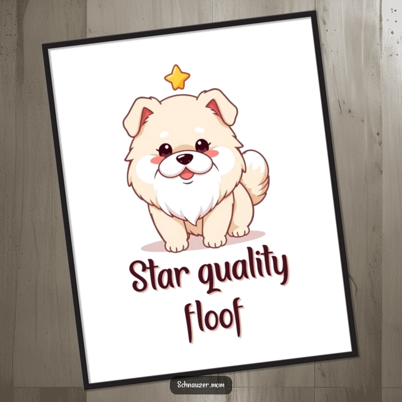 Funny cute fluffy dog with a fluffy white beard, tail wagging energetically under a prominent star decoration. Artistic poster.