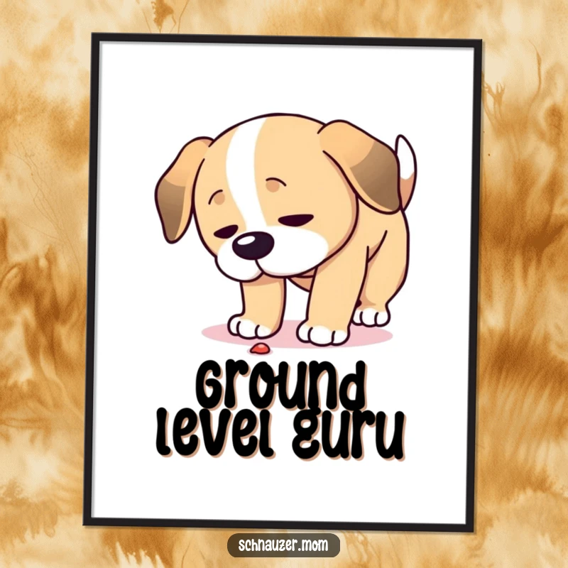 Funny Focused Dog Poster Art: A dog's head is lowered, eyes fixed on the ground with an expression of intense curiosity and concentration.