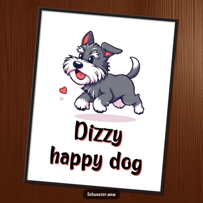 Funny Kawaii Schnauzer poster showing a cute dog chasing its tail with dizzying delight, bringing energetic and humorous vibes.
