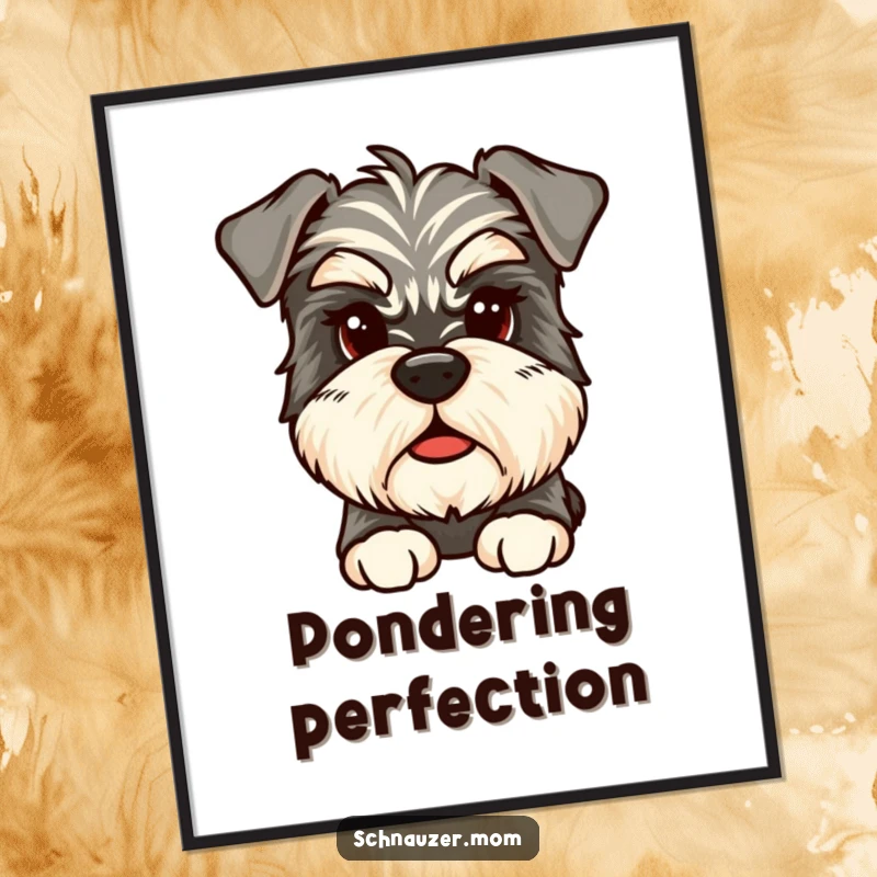 Funny Pensive Schnauzer Poster, featuring a scruffy Schnauzer with striking bushy eyebrows, gazing thoughtfully with humor.