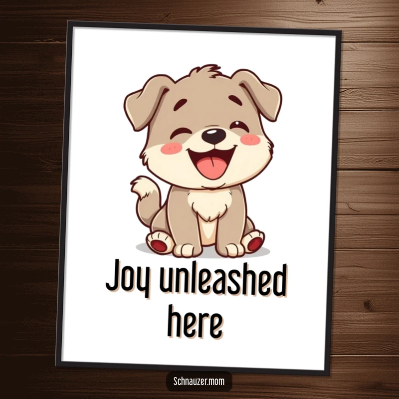 Funny Poster print of a character in mid-bark with an incredibly happy, wagging tail, radiating pure, unadulterated joy.