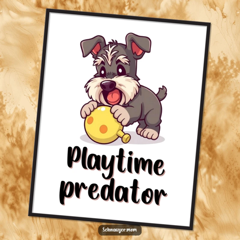 Funny Schnauzer lady poster illustrating a dog enthusiastically pouncing on a squeaky toy, capturing the essence of playful canine energy.