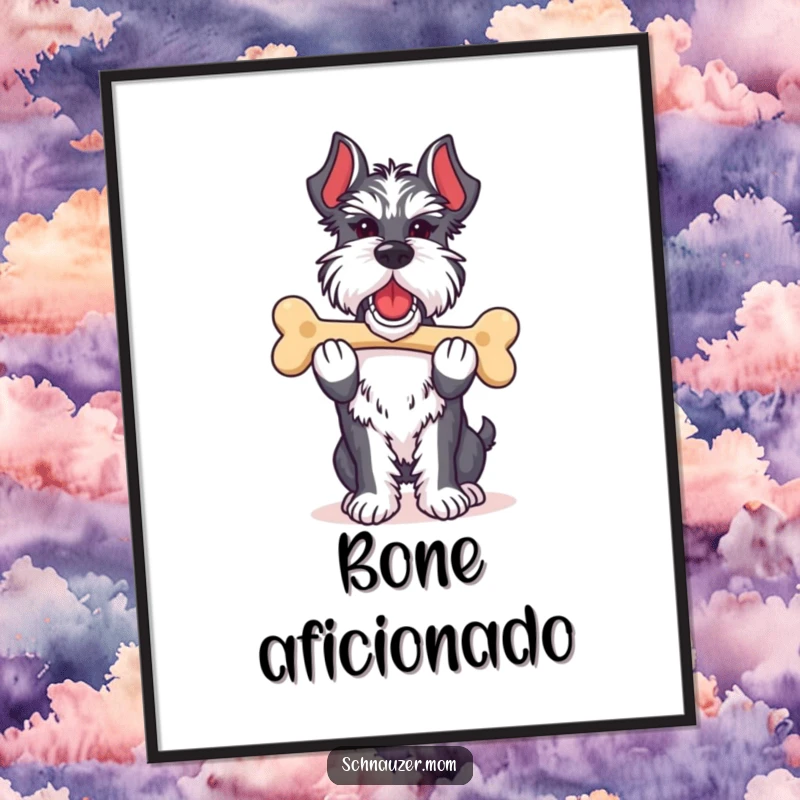 Funny Schnauzer lady poster illustrating a dog proudly carrying its favorite bone, bringing a sense of accomplishment and joy to any room.