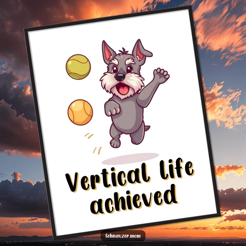 Funny Schnauzer dog poster artwork, showing a dog leaping high to intercept a ball, embodying youthful energy and playful spirit.