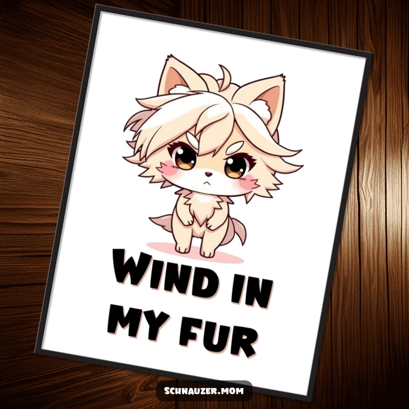 Funny Poster: Character with fur blowing in the wind, looking determined, captured in art, bringing resilience and humor to any wall, a delightful funny gift.