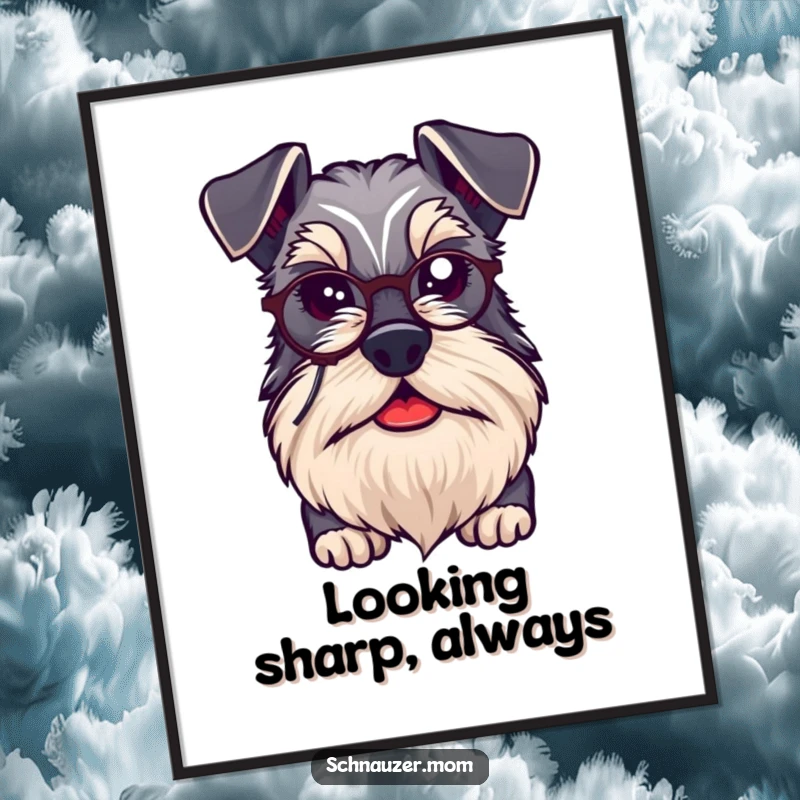 Funny kawaii Schnauzer dog depicted with a distinguished beard and a tiny monocle, presented on a sophisticated poster.