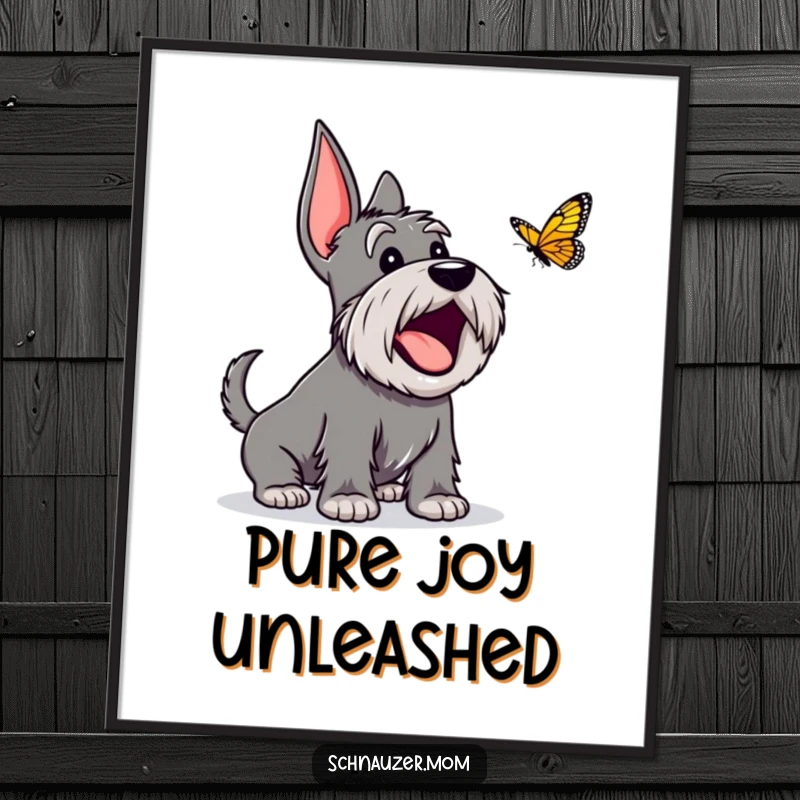 Funny Schnauzer poster featuring an excited dog character happily barking at a butterfly, capturing a moment of pure joy.