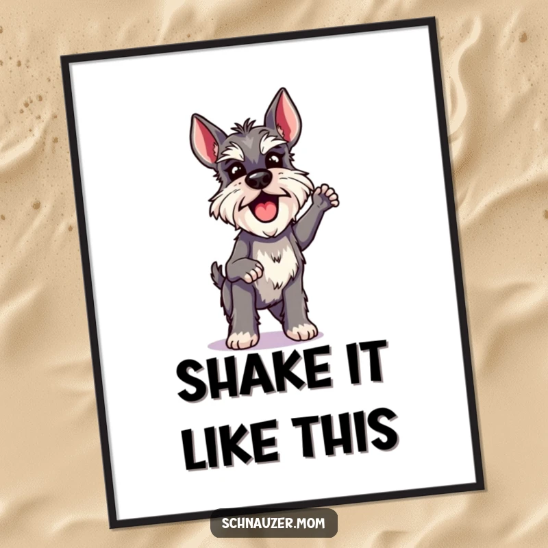 Funny Schnauzer Lady Poster, doing a quick and excited shake with vibrant energy, a dynamic and humorous dog illustration.