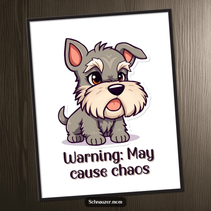 Funny Schnauzer poster featuring a mischievous dog character with a knowing glint in its eye, ready for playful escapades.
