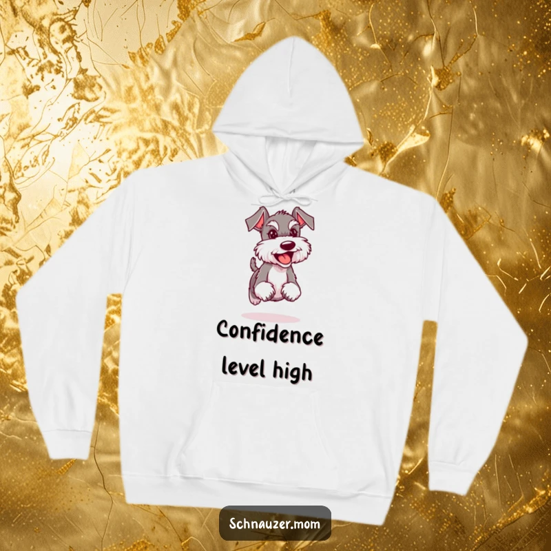Funny Schnauzer lady hoodie capturing a dog trotting confidently with a happy expression, symbolizing joy and cozy comfort.