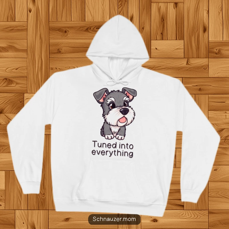 Funny Schnauzer hoodie with alert ears, showing a dog observing its surroundings, offering warmth and a watchful design.