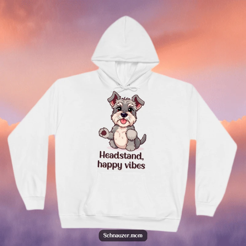Funny Schnauzer hoodie doing a headstand with wiggling paws, depicting a goofy and athletic dog, ideal for cozy and humorous wear.
