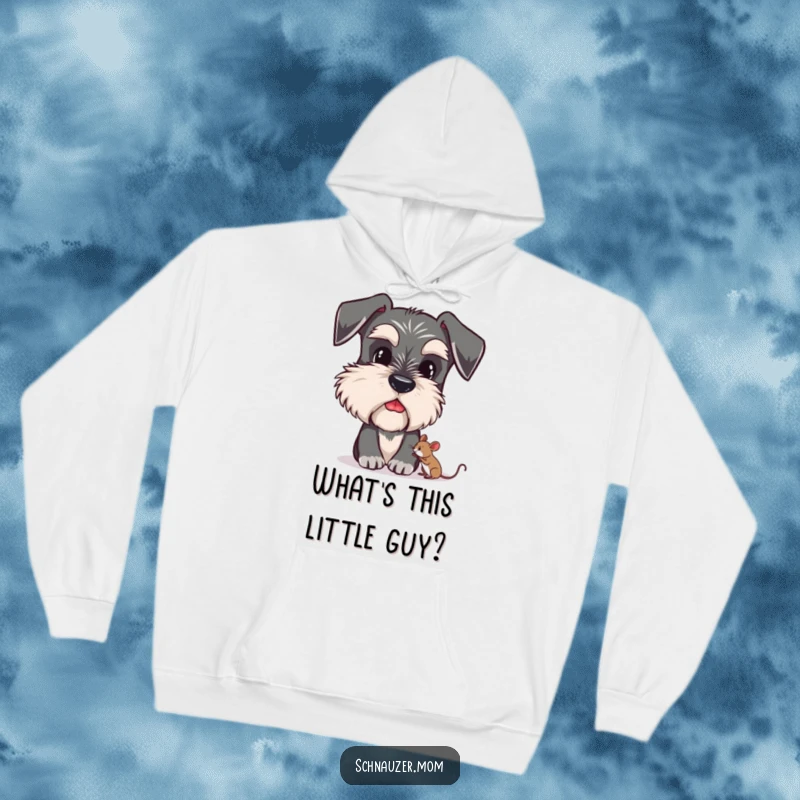 Funny Schnauzer hoodie featuring a dog with prominent bushy eyebrows curiously looking down at a tiny mouse.