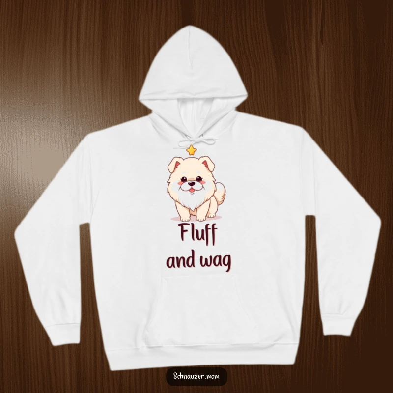 Funny fluffy dog with a distinguished white beard, happily wagging its tail under a twinkling star. Perfect hoodie for dog lovers.