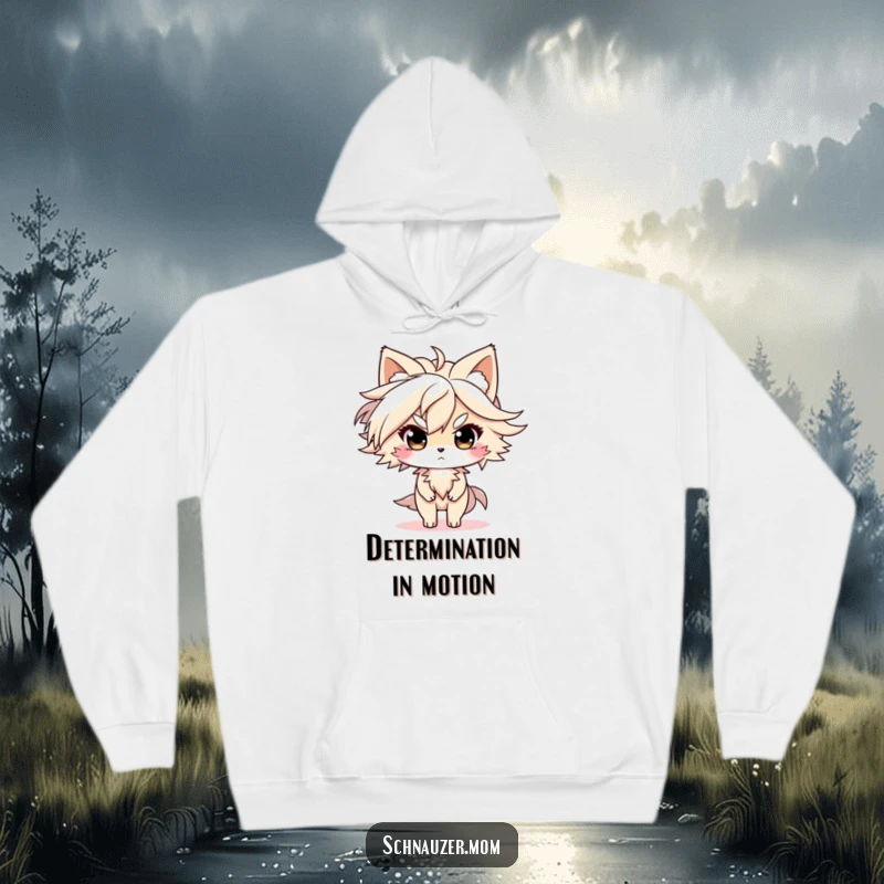 Funny Hoodie: Cozy apparel featuring a character with fur blowing in the wind, looking determined, radiating strength and perseverance, an excellent funny gift.