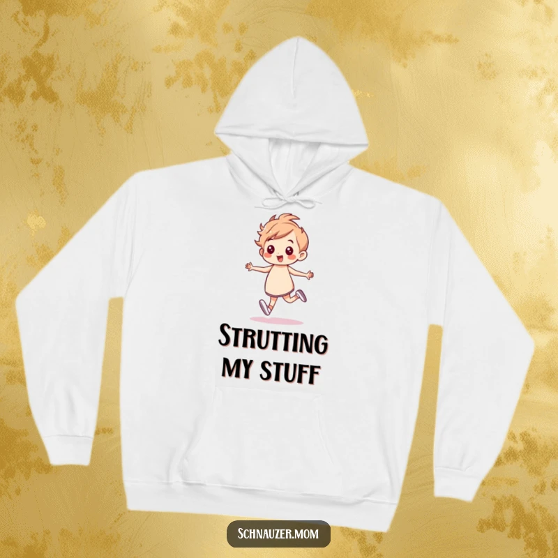 Funny Hoodie: Cozy apparel featuring a character prancing energetically with confidence, radiating positivity and movement, an excellent funny gift.
