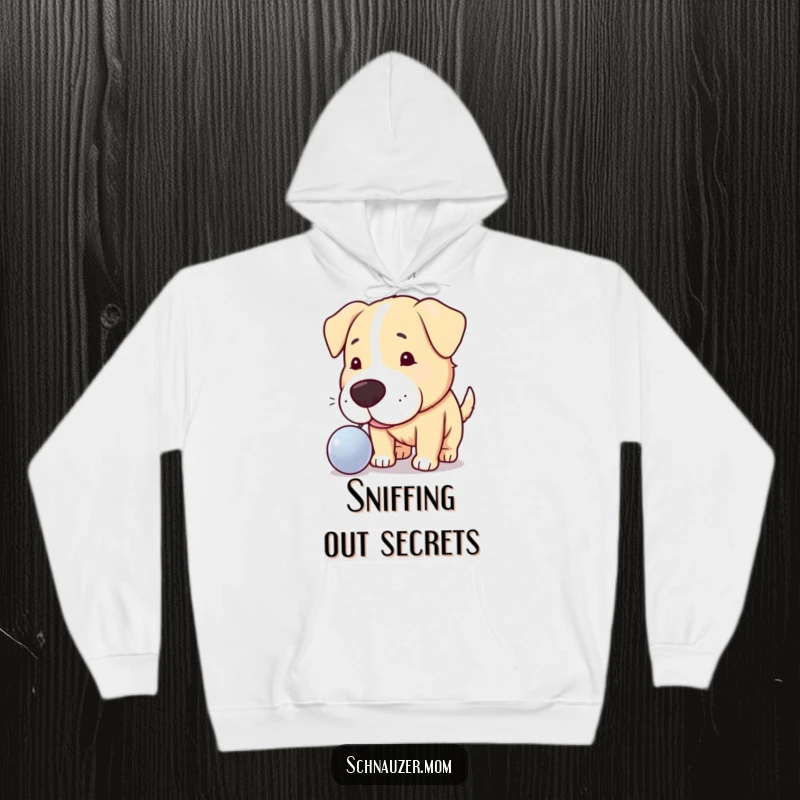 Funny hoodie depicting a curious dog nudging a shiny object, embodying exploration and intrigue, a great gift.