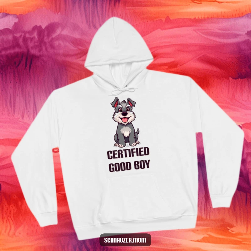 Funny Schnauzer hoodie featuring a cheerful dog character with a furiously wagging tail, symbolizing excitement and boundless happiness.