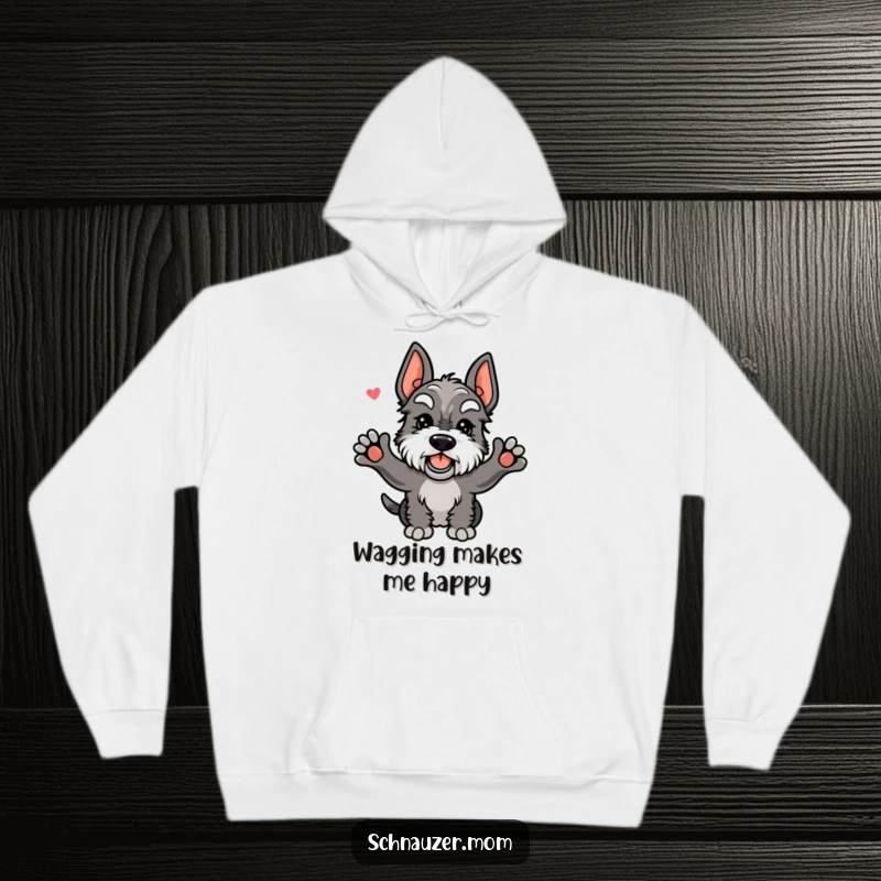Funny Kawaii Schnauzer hoodie showing a dog in a warm embrace, its tail blurred with excited wagging for a cheerful greeting.